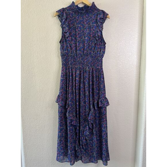 Lulus Evalina Midi Dress Womens Large Navy Blue Floral Smocked Ruffles Flowy - Picture 1 of 15